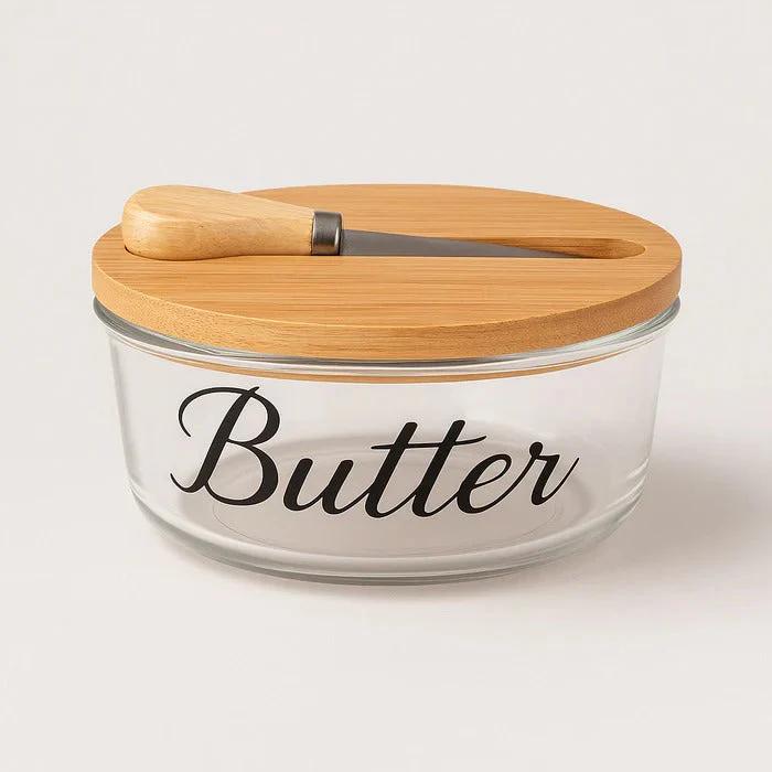 Glass Butter Storage Container Bamboo Lid & Knife