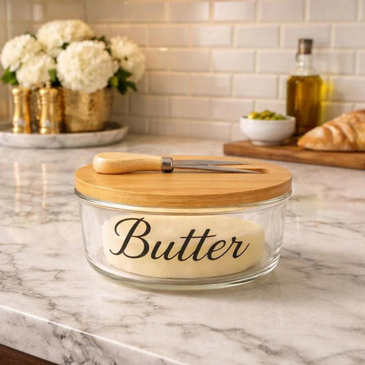 Glass Butter Storage Container Bamboo Lid & Knife