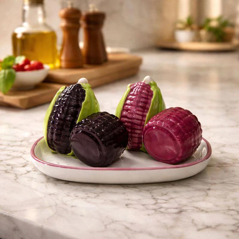 Purple Corn Salt & Pepper Set – Ceramic Shakers with Porcelain Tray