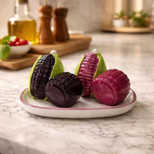 Purple Corn Salt & Pepper Set – Ceramic Shakers with Porcelain Tray
