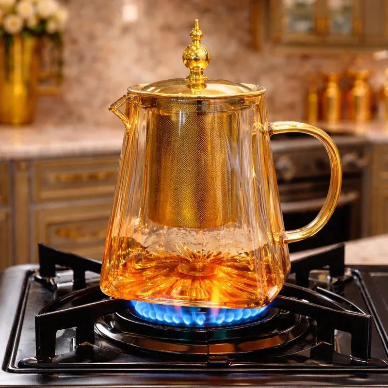 Premium Glass Tea Kettle with Golden Finish & Infuser
