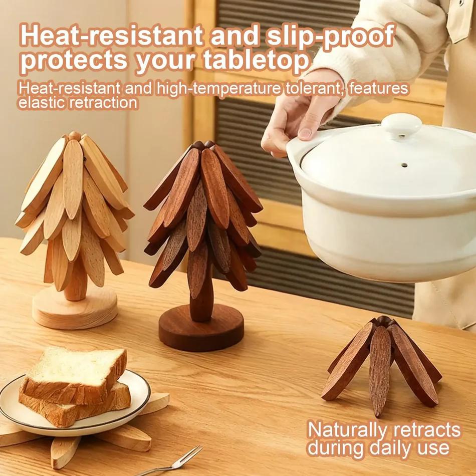 Foldable Wooden Tree Trivet & Coaster Set – Heat-Resistant Table Protector