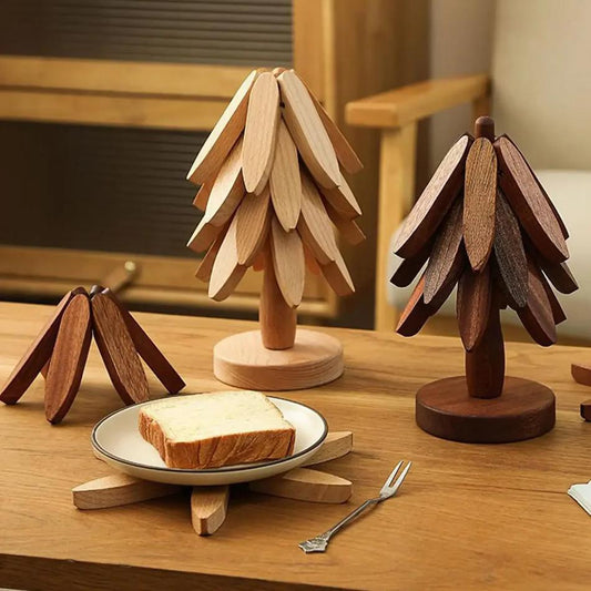 Foldable Wooden Tree Trivet & Coaster Set – Heat-Resistant Table Protector