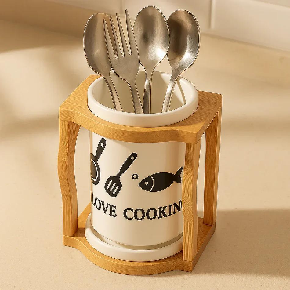 Ceramic Spoon & Fork Holder with Wooden Frame