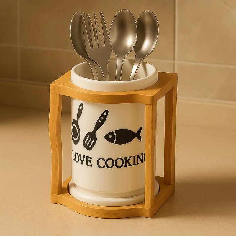 Ceramic Spoon & Fork Holder with Wooden Frame