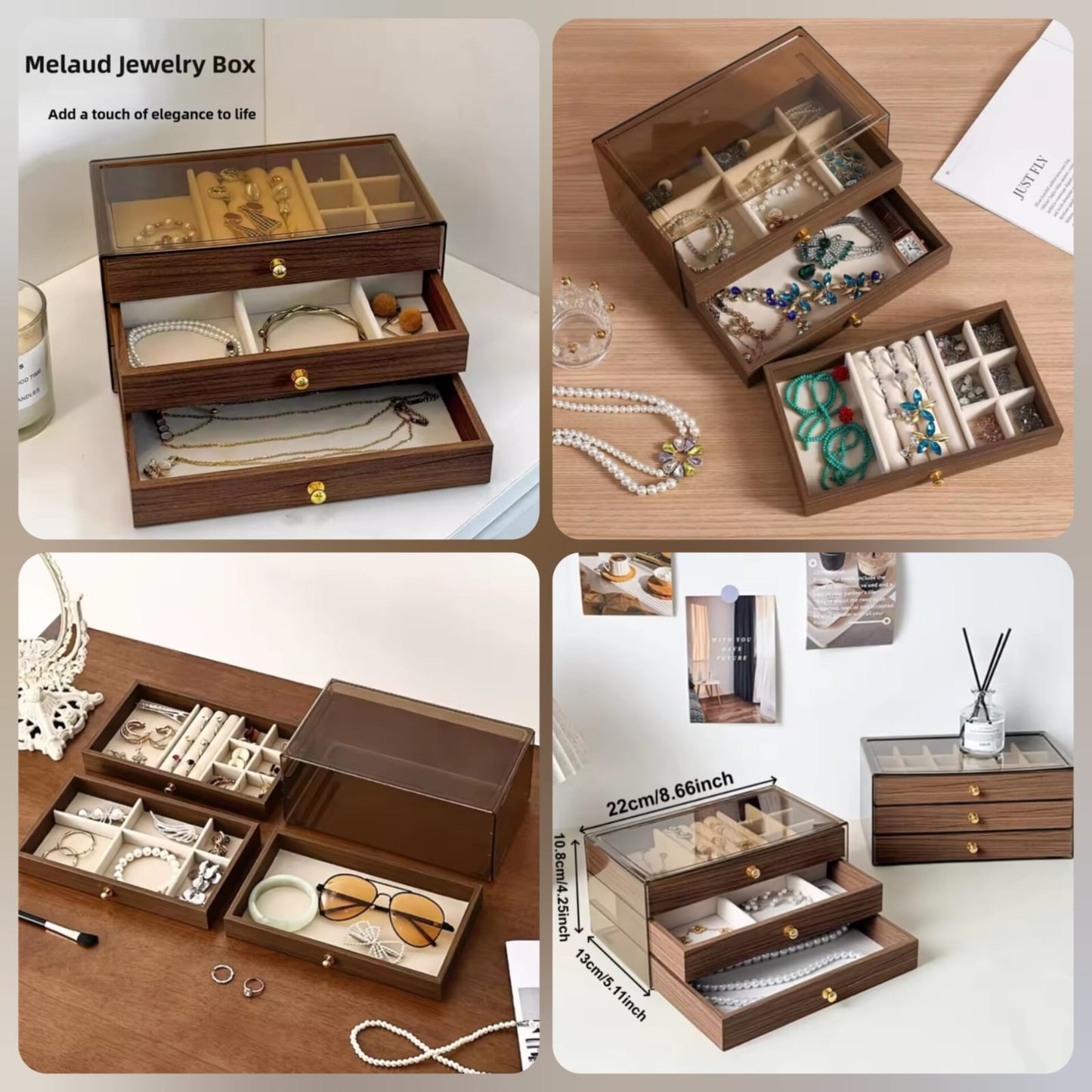 Wood & Acrylic 3-Drawer Jewelry Box – Modern Organizer with Clear Storage