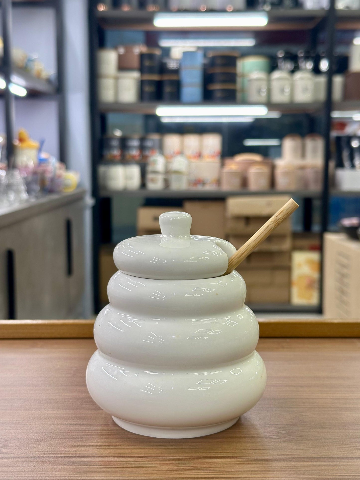Ceramic Honey Jar with Lid & Wooden Dipper