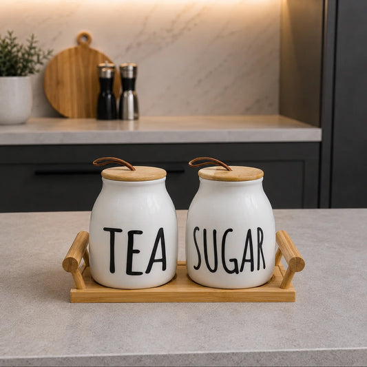 Nordic Tea & Sugar Ceramic Jar Set with Bamboo Tray