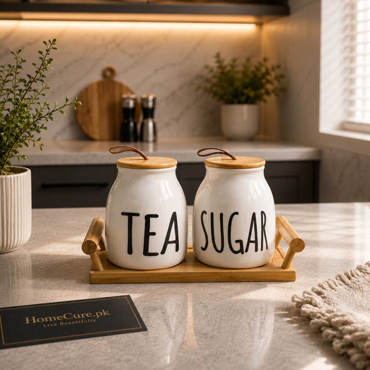 Tea & Sugar Ceramic Storage Jar Set with Bamboo Tray