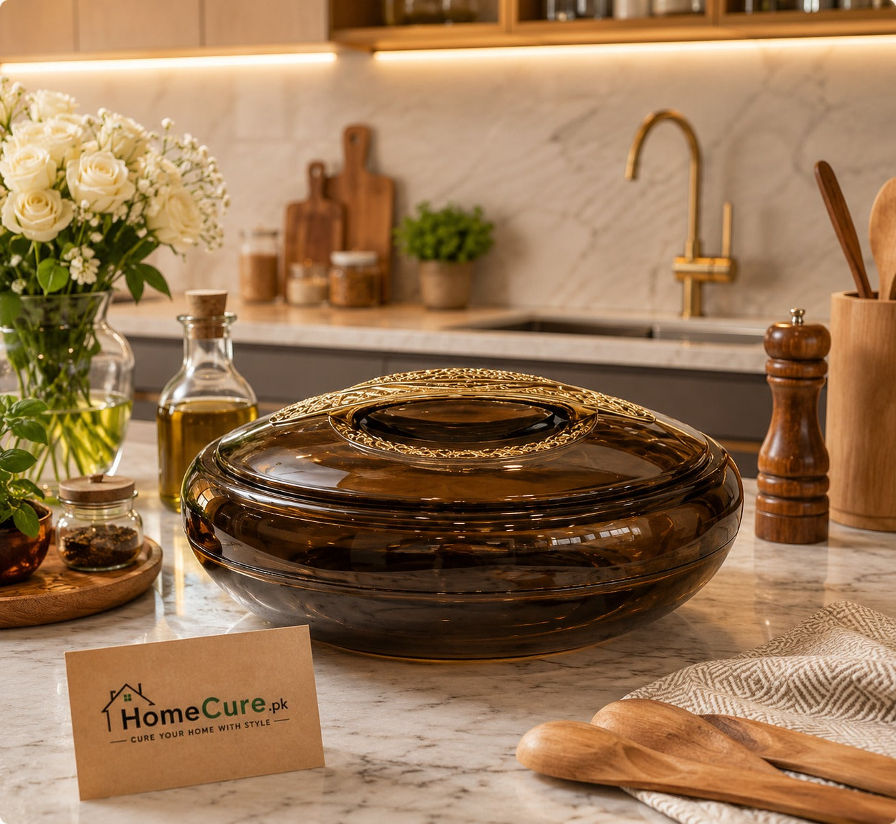 Premium Glass Hotpot – Brown Glass with Gold Decorative Rim
