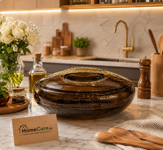 Premium Glass Hotpot – Brown Glass with Gold Decorative Rim