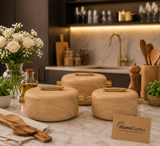 3-Piece Premium Grain Wood Finish Insulated Hotpot Set with Gold Accents