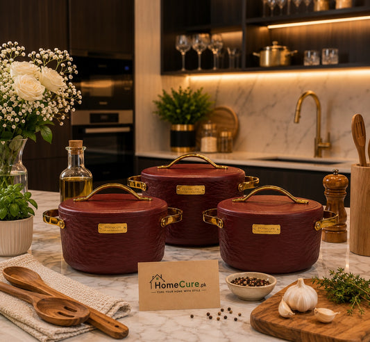 3 Pcs Premium Red Insulated Hotpot with Gold Handles