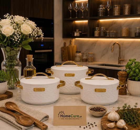 3 Pcs Premium White Insulated Hotpot with Gold Handles