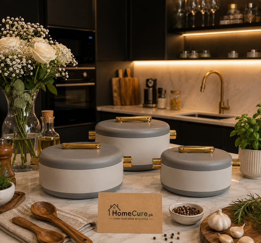3-Piece Premium Light Grey Insulated Hotpot Set with Gold Accents