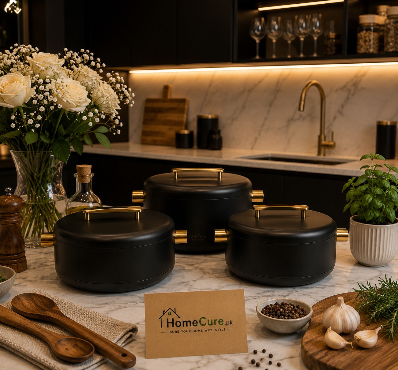 3-Piece Premium Beige Insulated Hotpot Set with Gold Accents
