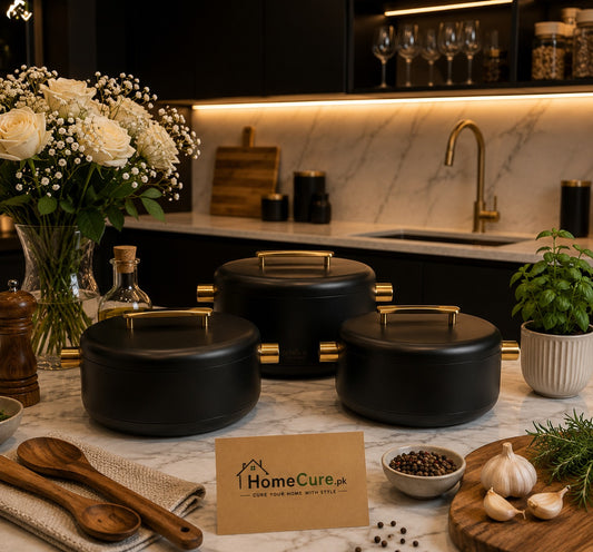 3-Piece Premium Black Insulated Hotpot Set with Gold Accents