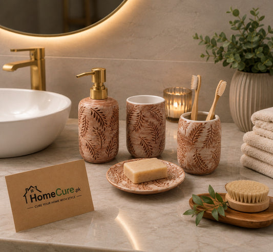 4-Piece Ceramic Bathroom Accessories Set with Gold Soap Dispenser Pump – Leaf Embossed Design
