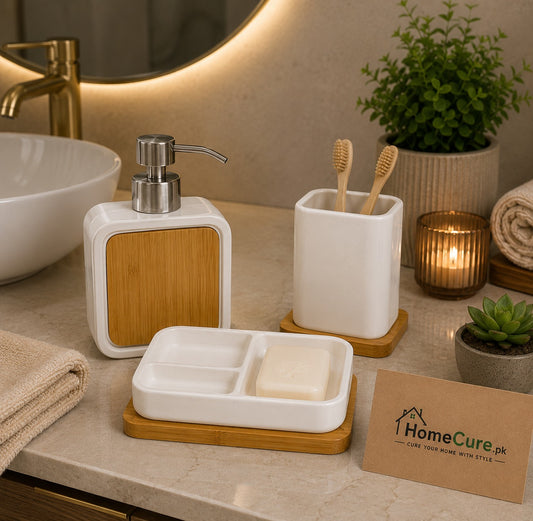 Modern Ceramic Bathroom Accessory Set with Bamboo Accents & Soap Tray