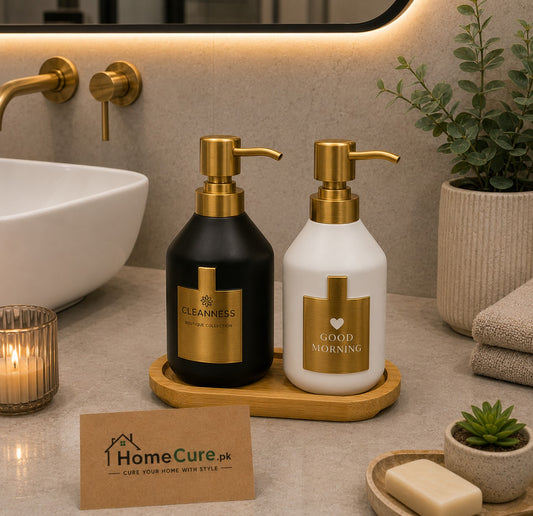 2-Piece Ceramic Soap Dispenser Set with Bamboo Tray – Gold Luxe Collection