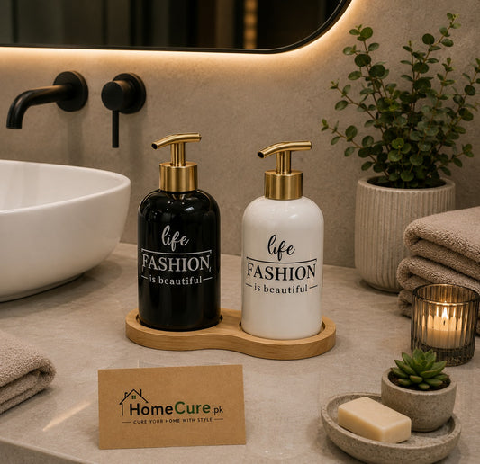 2-Piece Ceramic Soap Dispenser Set with Wooden Tray – Fashion Collection