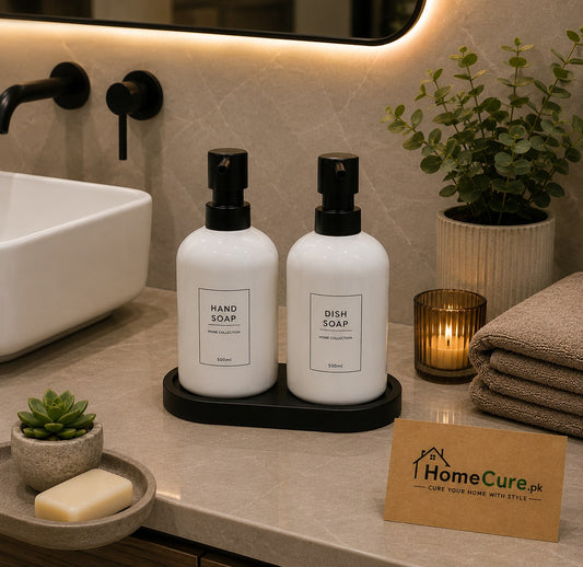 2-Piece Ceramic Soap Dispenser Set with Tray – White