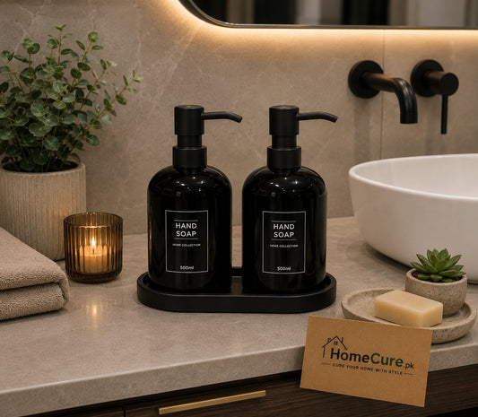 2-Piece Ceramic Soap Dispenser Set with Tray – Matte Black