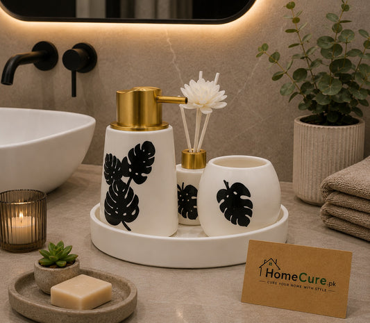 3-Piece Ceramic Bathroom Accessories Set with Tray – White Monstera Collection