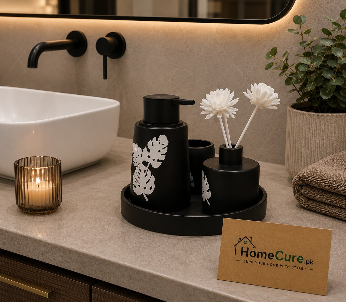 3-Piece Ceramic Bathroom Accessories Set with Tray – Black Botanical