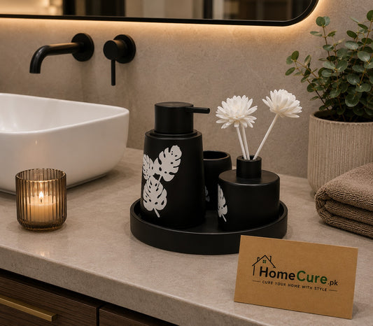 3-Piece Ceramic Bathroom Accessories Set with Tray – Black Botanical