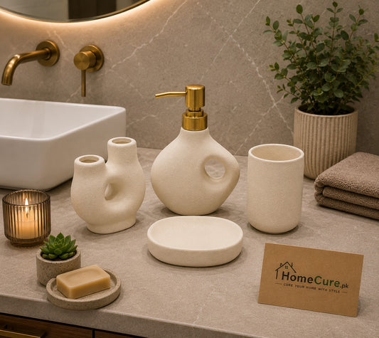 4-Piece Modern Sculptural Ceramic Bathroom Accessories Set – Ivory White