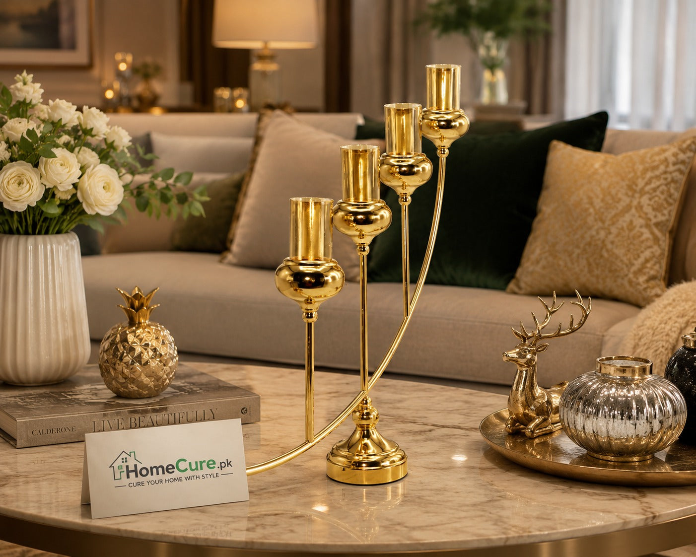 Modern Gold Metal Candle Holder | 4-Arm Decorative Candelabra Centerpiece