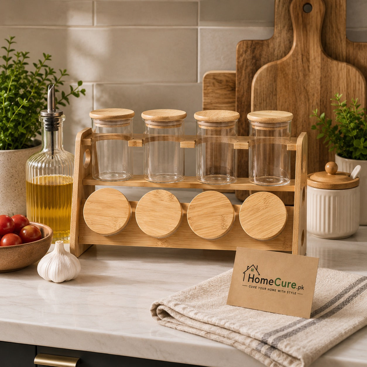 Premium Bamboo Spice Rack Set – 8 Jar Organizer