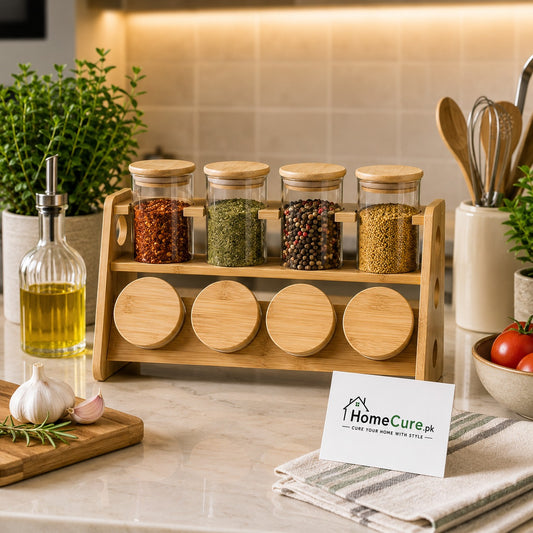 Premium Bamboo Spice Rack Set – 8 Jar Organizer