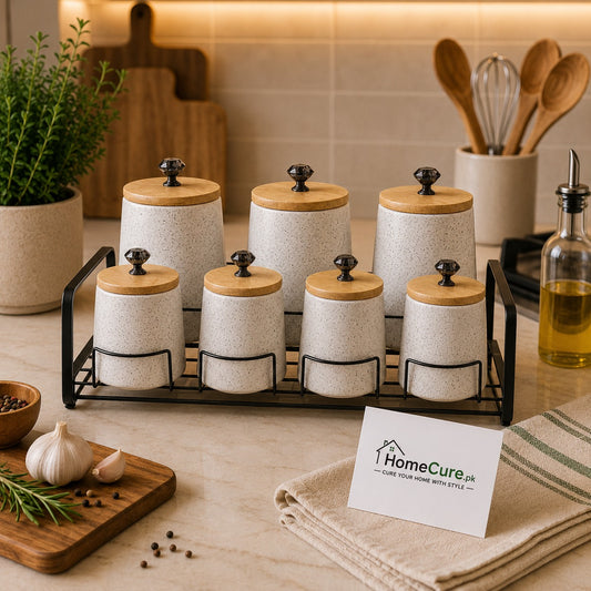 Premium 8-Piece Ceramic Storage Jar Set with Wooden Lids & Metal Rack