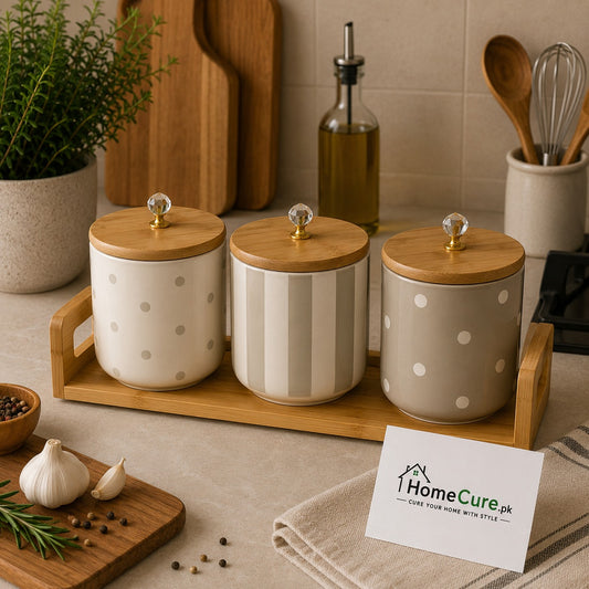 Premium Ceramic Storage Canister Set with Wooden Stand – 3 Pieces