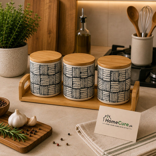 Premium 3-Piece Ceramic Storage Canister Set with Bamboo Tray & Wooden Lids
