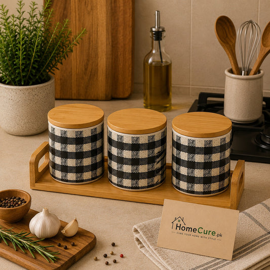 Classic Checkered Ceramic Jar Set with Wooden Lids