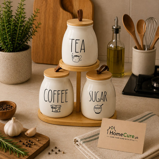 Premium 3-Piece Ceramic Kitchen Storage Jar Set with Bamboo Stand