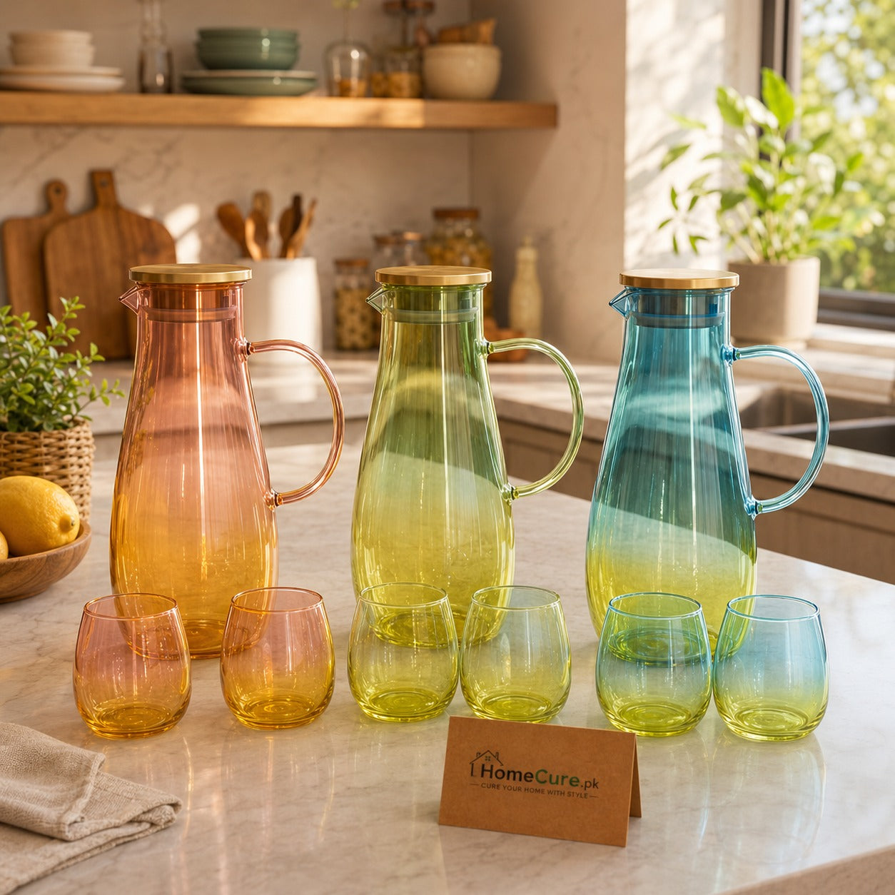 7-Piece Gradient Glass Water Jug & Tumbler Set with Bamboo Lid