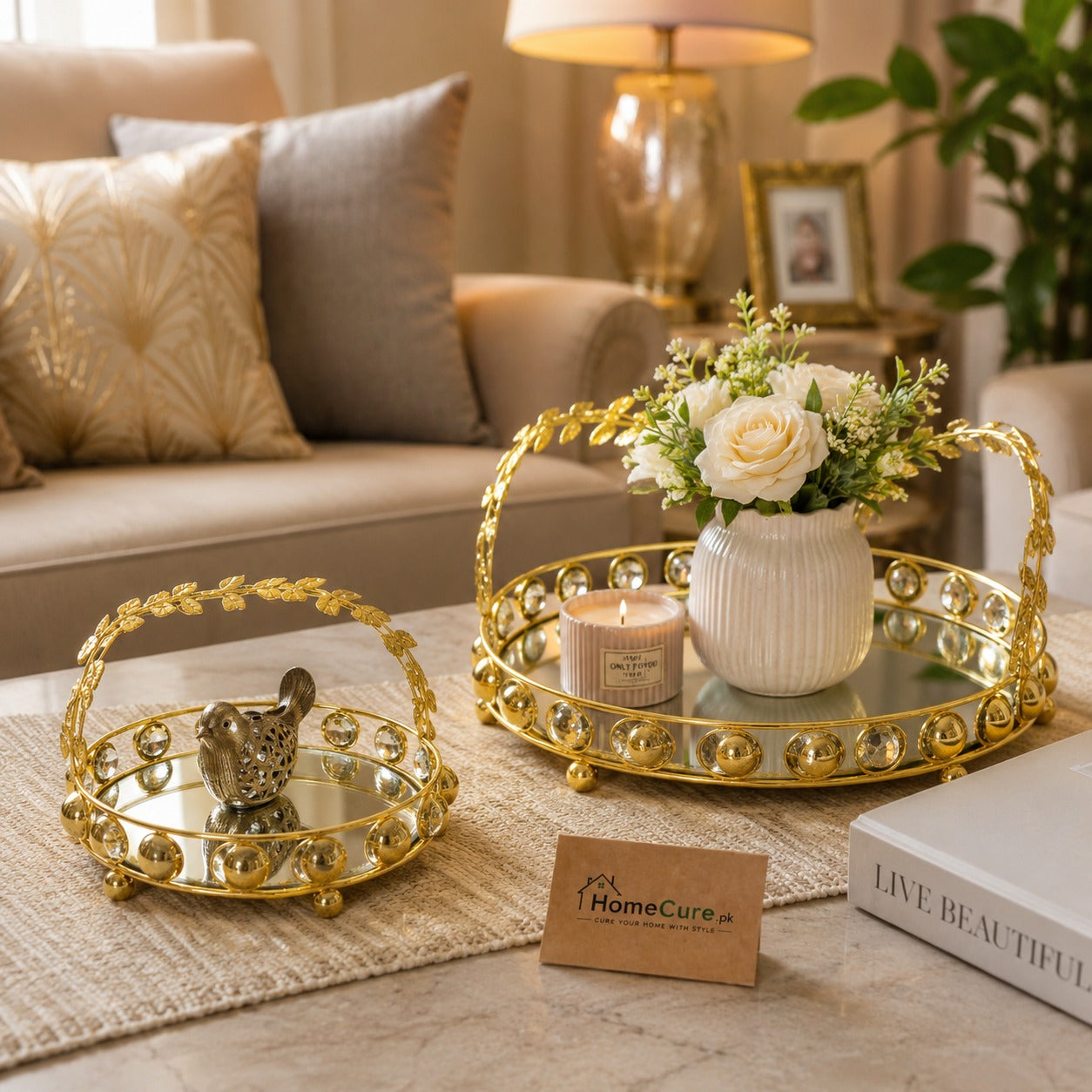 Luxury Gold Metal Decorative Serving Tray Set (2 Pcs) | Mirror Base
