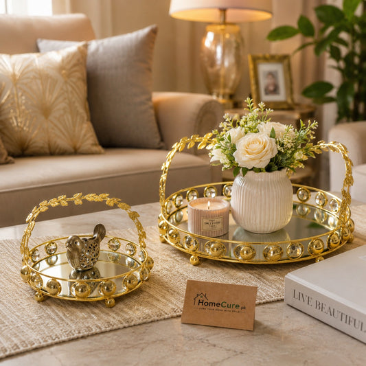 Luxury Gold Metal Decorative Serving Tray Set (2 Pcs) | Mirror Base