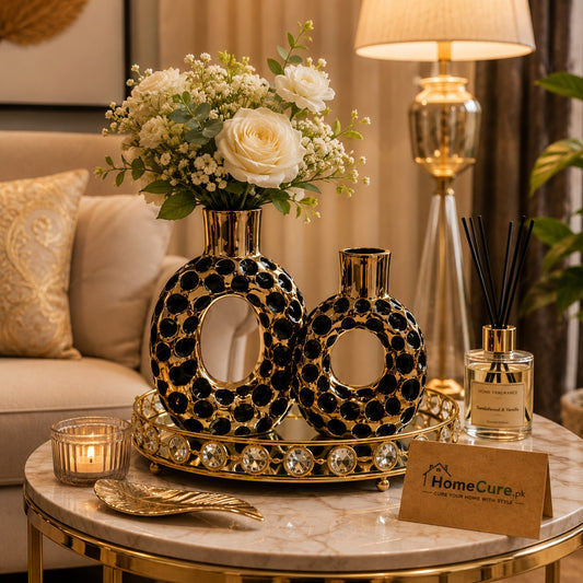 2-Piece Luxury Ceramic Flower Vase Set | Black & Gold Decorative Vases | Modern Home Décor