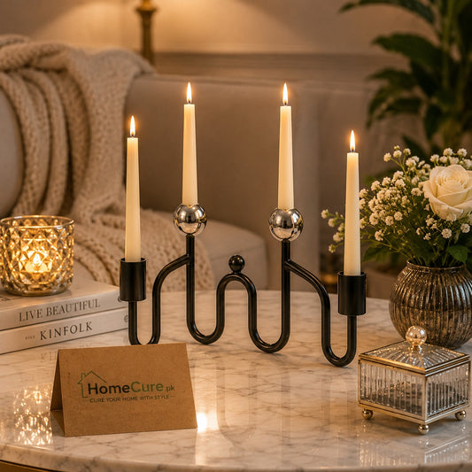Luxury 4-Arm Black & Silver Metal Candle Holder