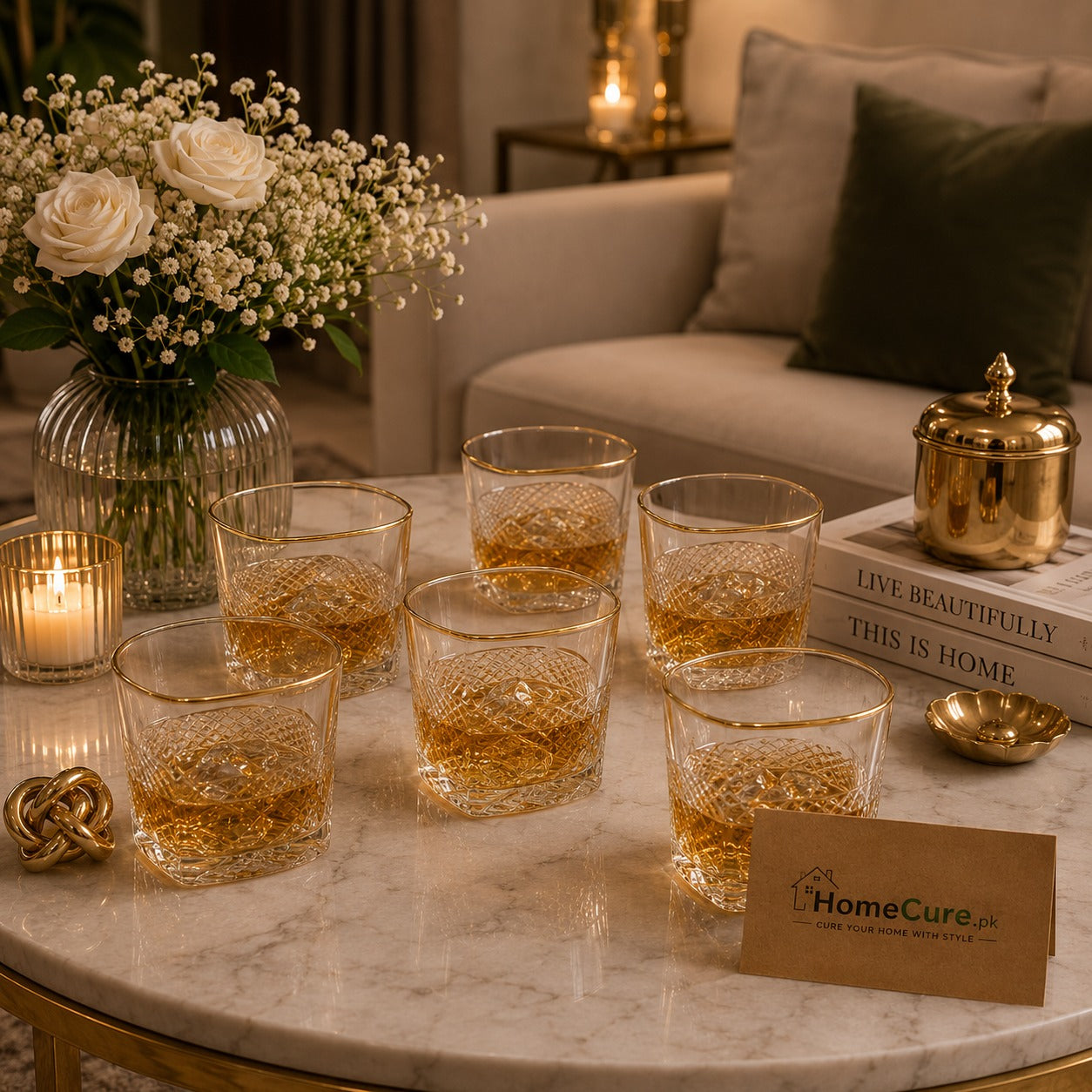 Premium Diamond Cut Luxury Gold Rim Crystal Glass Tumbler Set – 6 Pieces