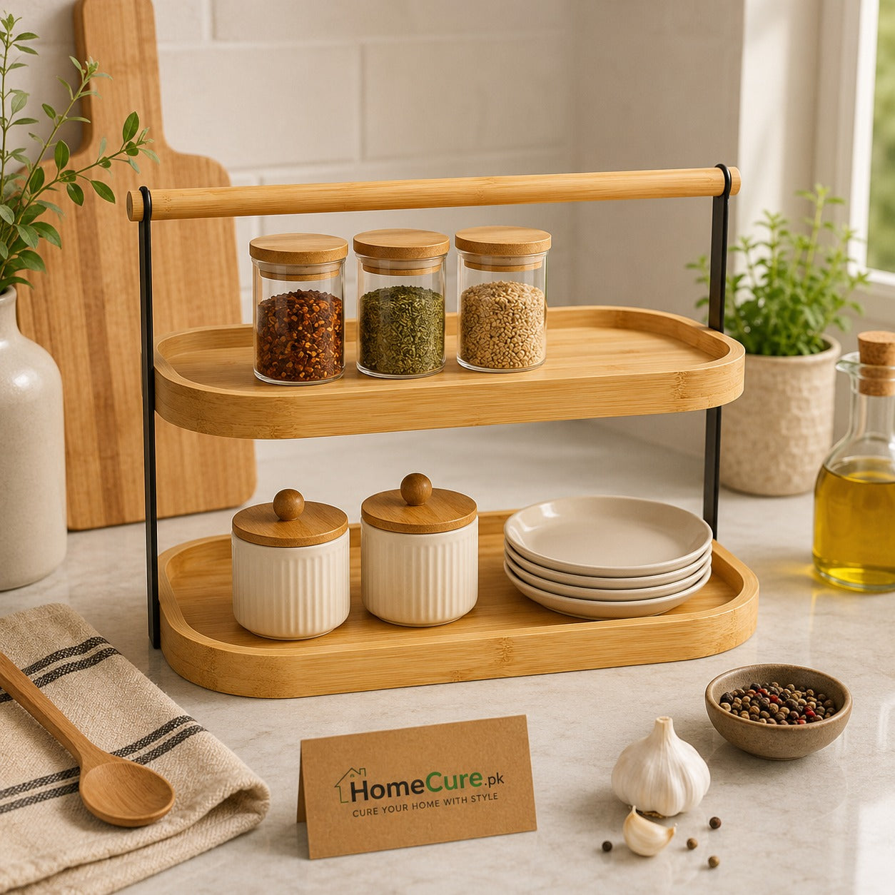 Premium 2-Tier Bamboo Kitchen Counter Organizer Rack