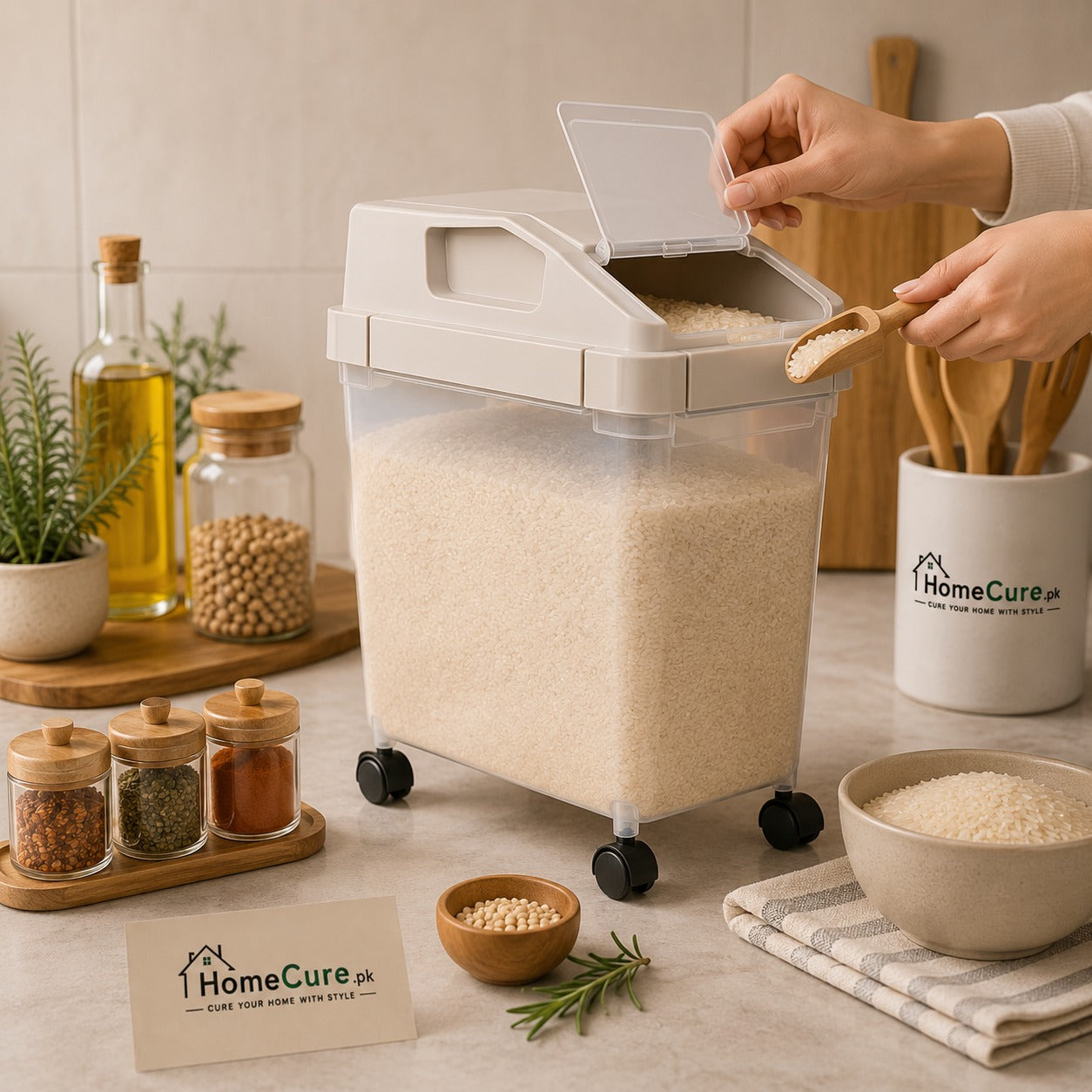 Portable Rice Storage Container with Measuring Cup & Wheels