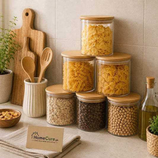 Glass Jars with Bamboo Lids Set of 6 | Airtight Storage Canisters