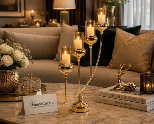 Modern Gold Metal Candle Holder | 4-Arm Decorative Candelabra Centerpiece