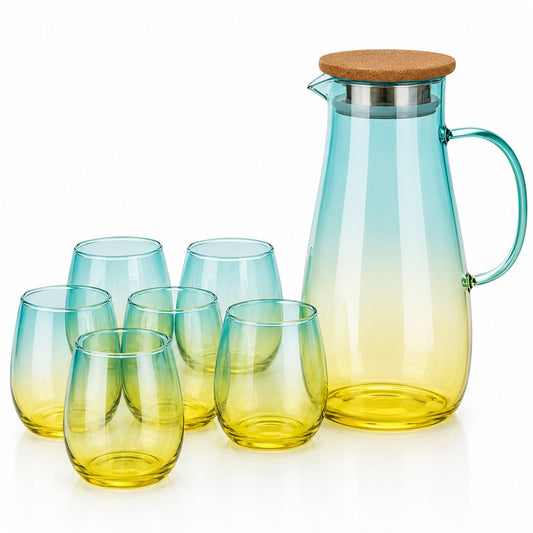 7-Piece Gradient Glass Water Jug & Tumbler Set with Bamboo Lid